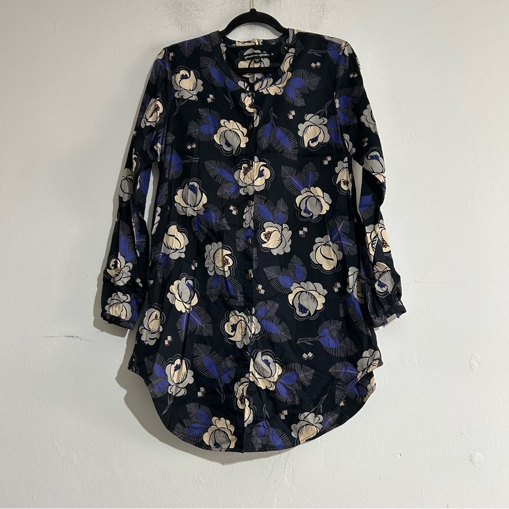 Gudrun Sjoden Floral Long Sleeve Button Up Shirt Mini Dress Size Medium